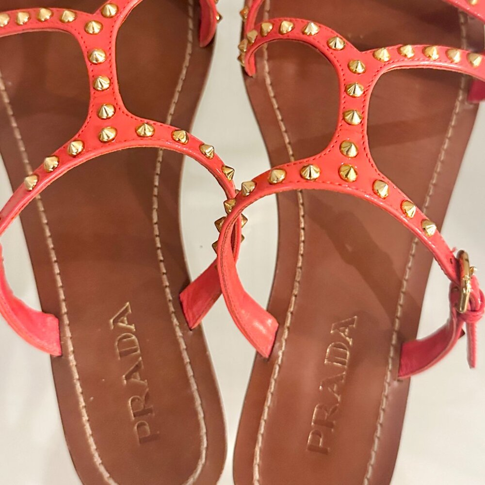 PRADA Sandals - Open Toe, Orange with Gold Studs. Size 40.